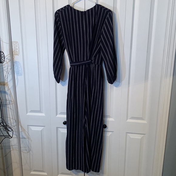 Navy Blue Pin Striped Wide Legged Jumpsuit with Belt - Picture 7 of 10
